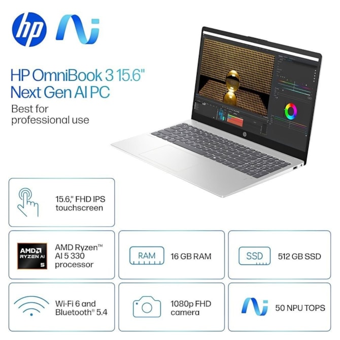 Notebook HP Omnibook 3 15 AMD Ryzen AI 5 330 16GB 512GB SSD 15.6 FHD Touch 15-FN0105DX - Prata Glacial-47419c99-0284-4a44-b3eb-fd2d0664440c